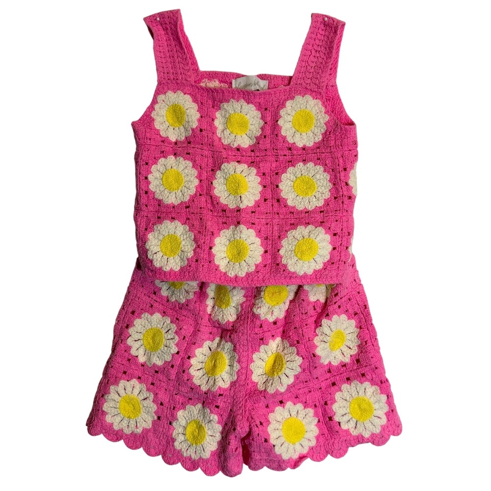 Blossom Blvd Pink Crochet Daisy Flower Two Piece Set Top and Shorts 12M